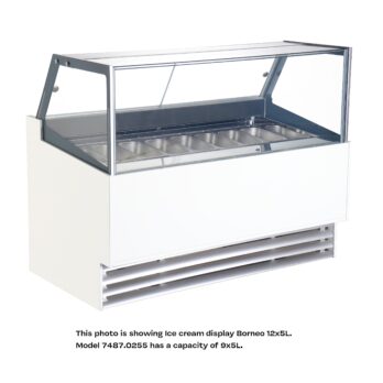 Ice Cream Display Freezer Phuket 9x5L – A high-performance, ventilated cooling freezer with a 285L capacity, designed to store 9 x 5L ice cream containers. Features digital temperature control, LED lighting, automatic defrosting, and mobility for easy repositioning. Ideal for ice cream parlors, cafes, and dessert shops.