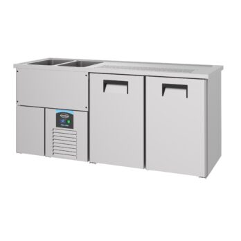 Stainless steel beer counter with 2 doors and a 2L capacity, designed for efficient cooling and storage of beverages in bars and restaurants