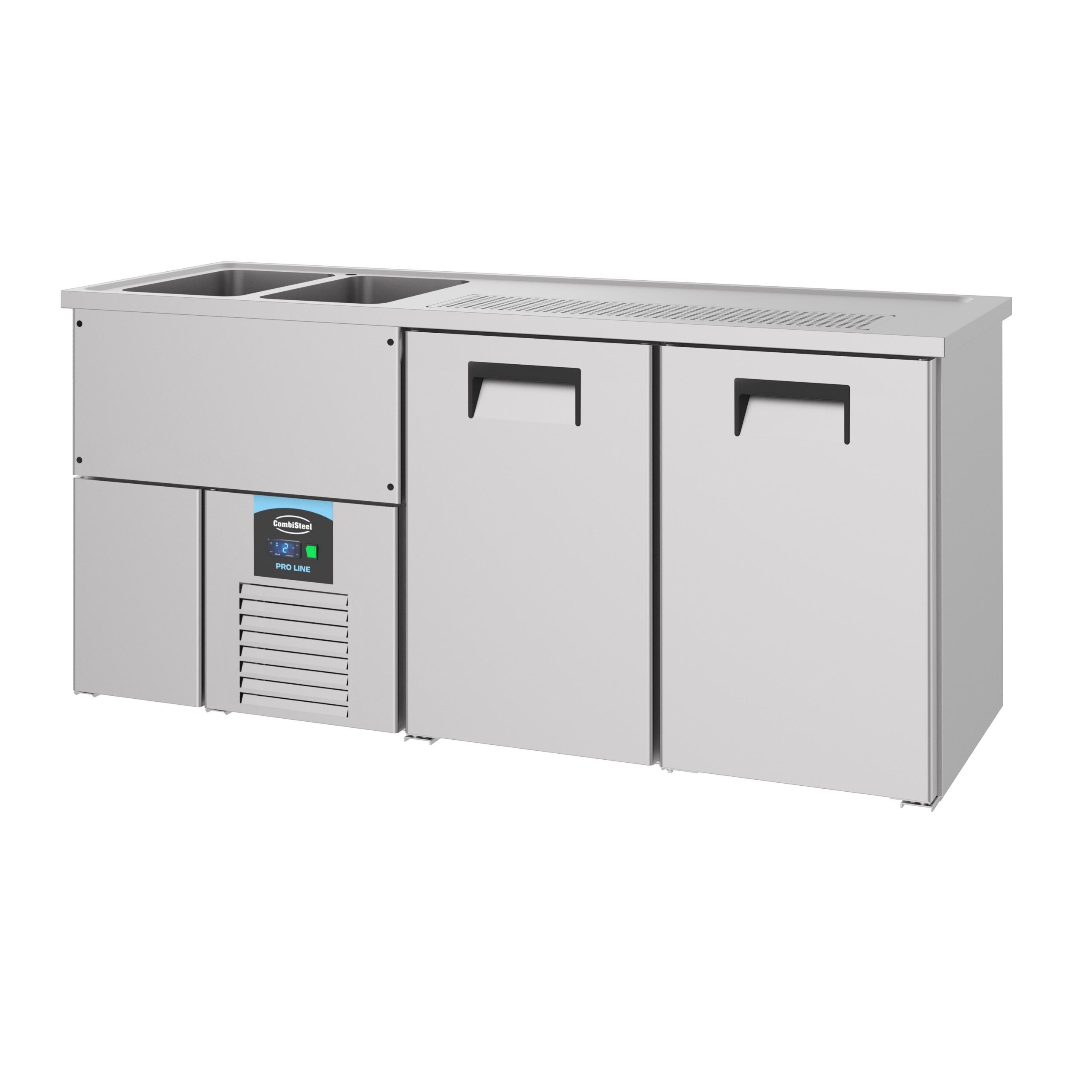 Stainless steel beer counter with 2 doors and a 2L capacity, designed for efficient cooling and storage of beverages in bars and restaurants